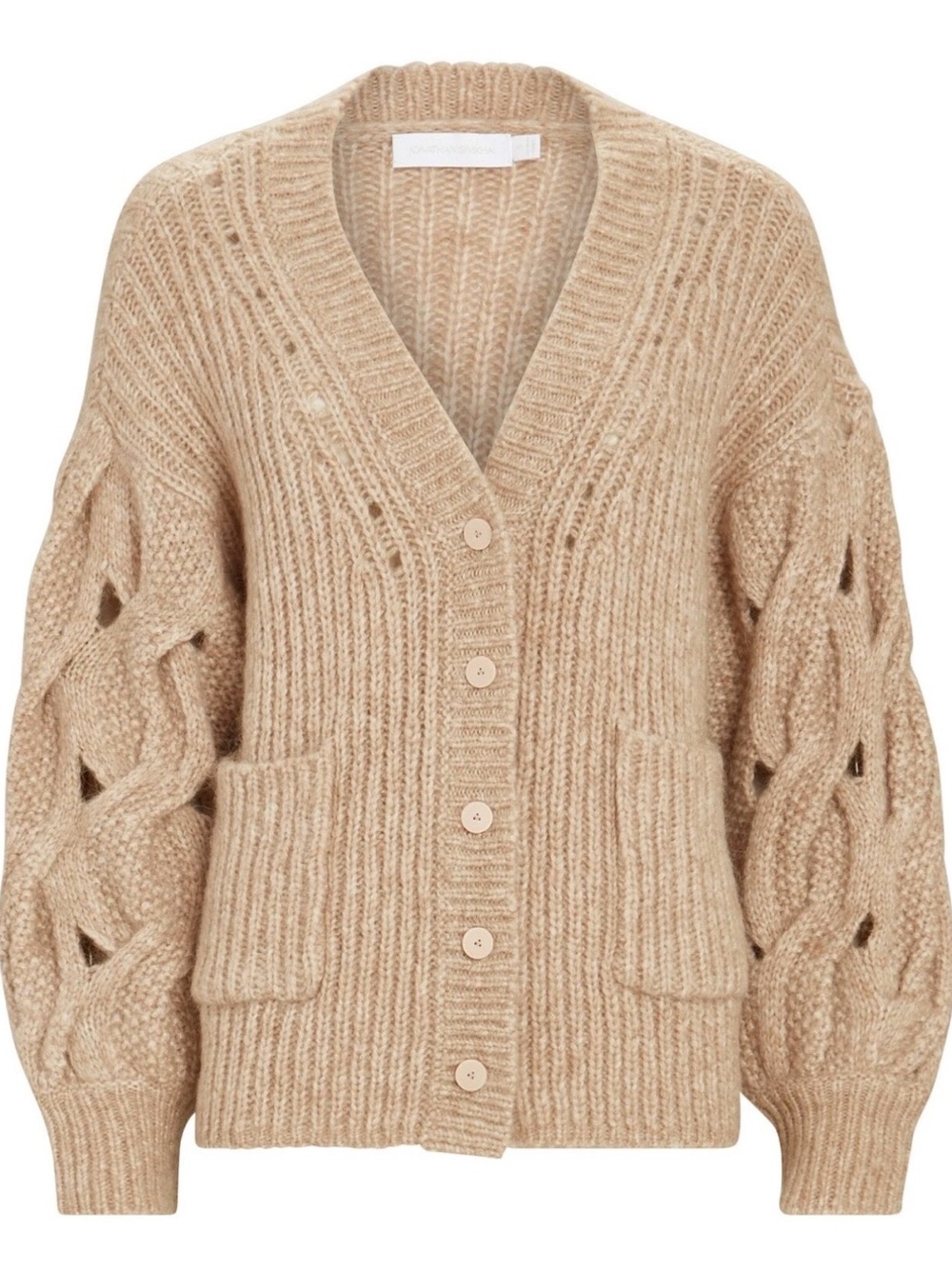 Jonathan Simkhai Reagan Chunky Tan Braided-Sleeve V-Neck Cardigan
